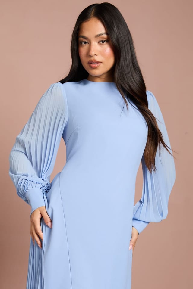 Coast Coast Women's Petite Long Sleeve Pleated Crepe Midaxi Dress in Light Blue - 2