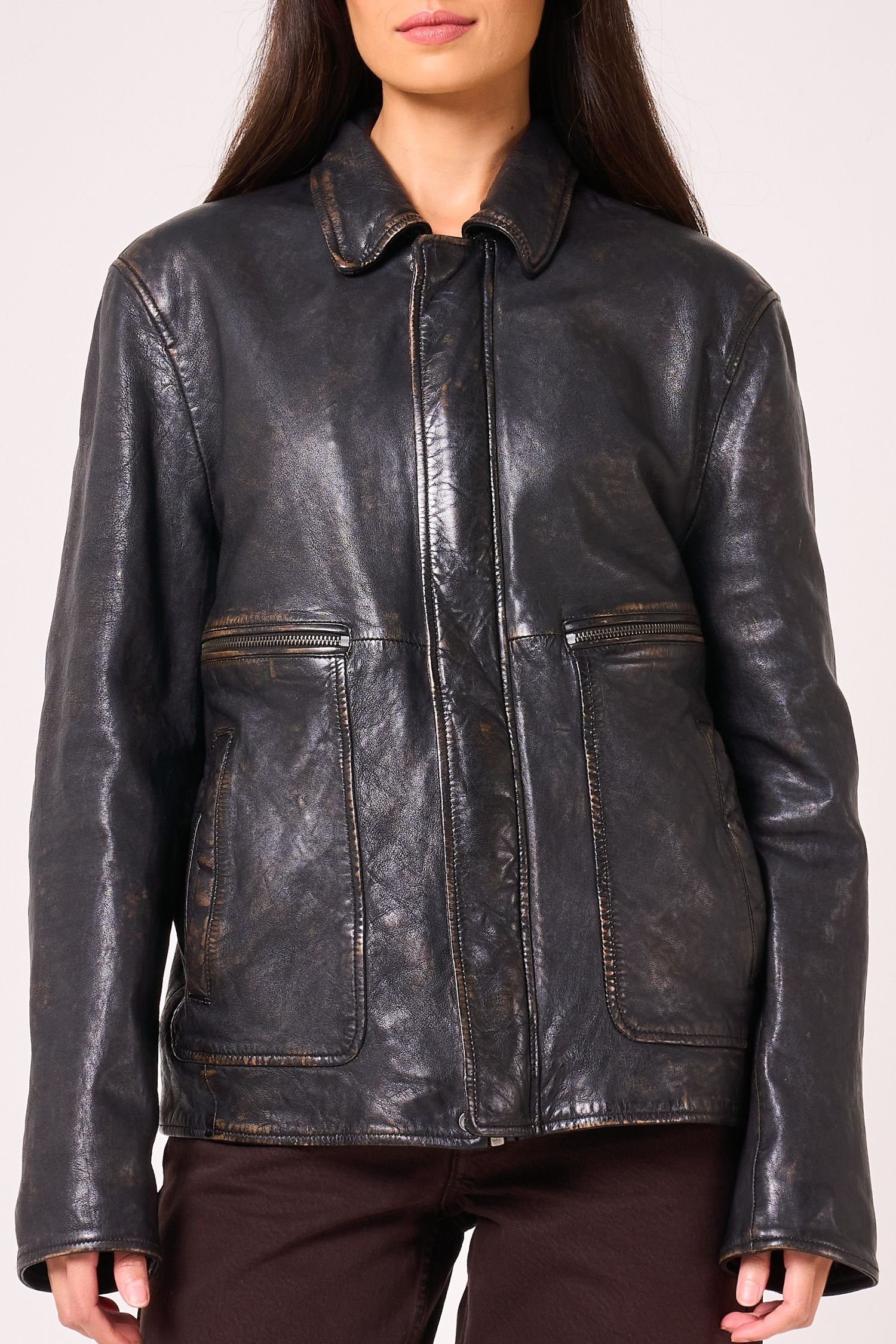 Barneys Originals Barneys Originals Women's Vintage Washed Real Leather Oversized Jacket in Black - 2