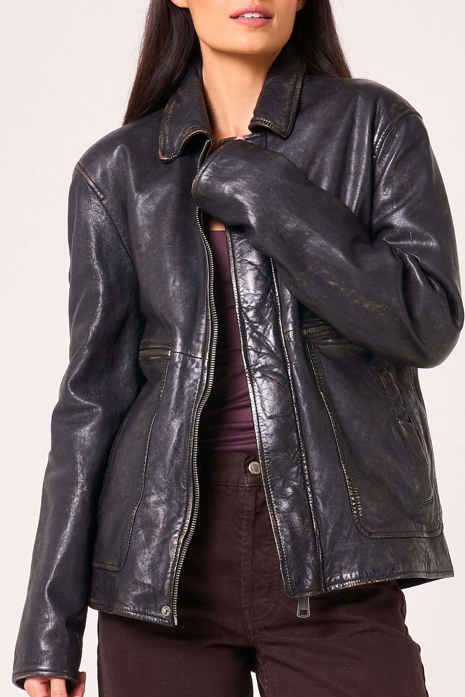 Barneys Originals Barneys Originals Women's Vintage Washed Real Leather Oversized Jacket in Black - 3