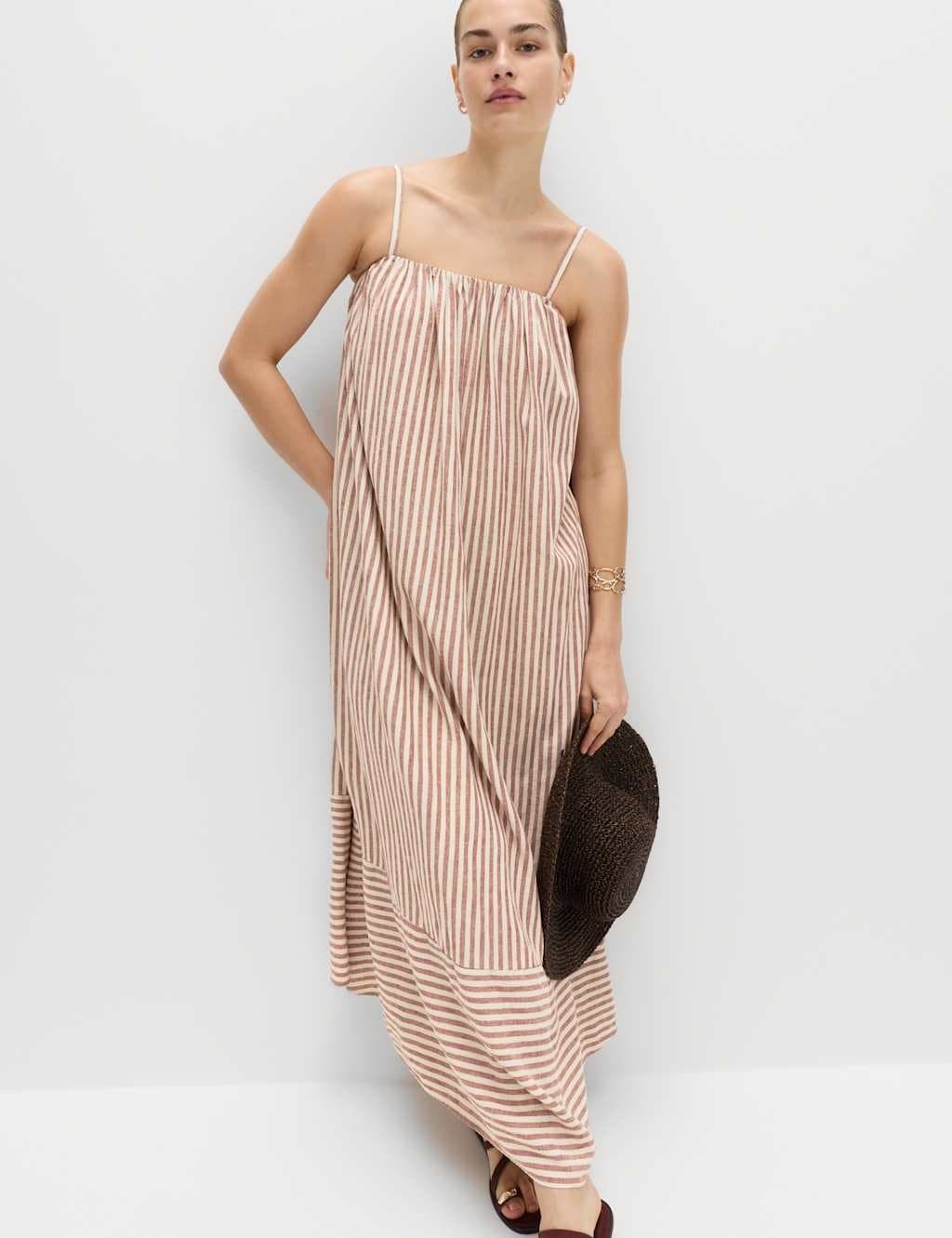 Marks & Spencer M&S Linen Rich Striped Maxi Slip Dress Brown Mix