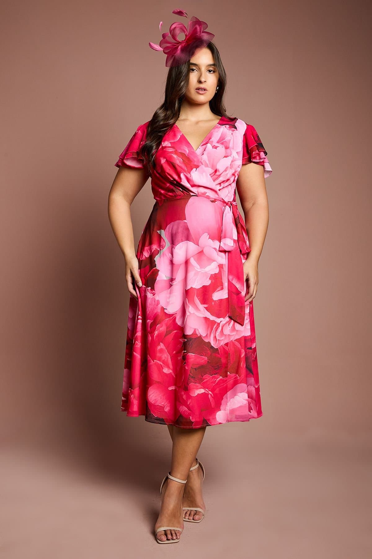 Coast Coast Women's Plus Jersey Double Flutter Sleeve Wrap Midi Dress in Pink