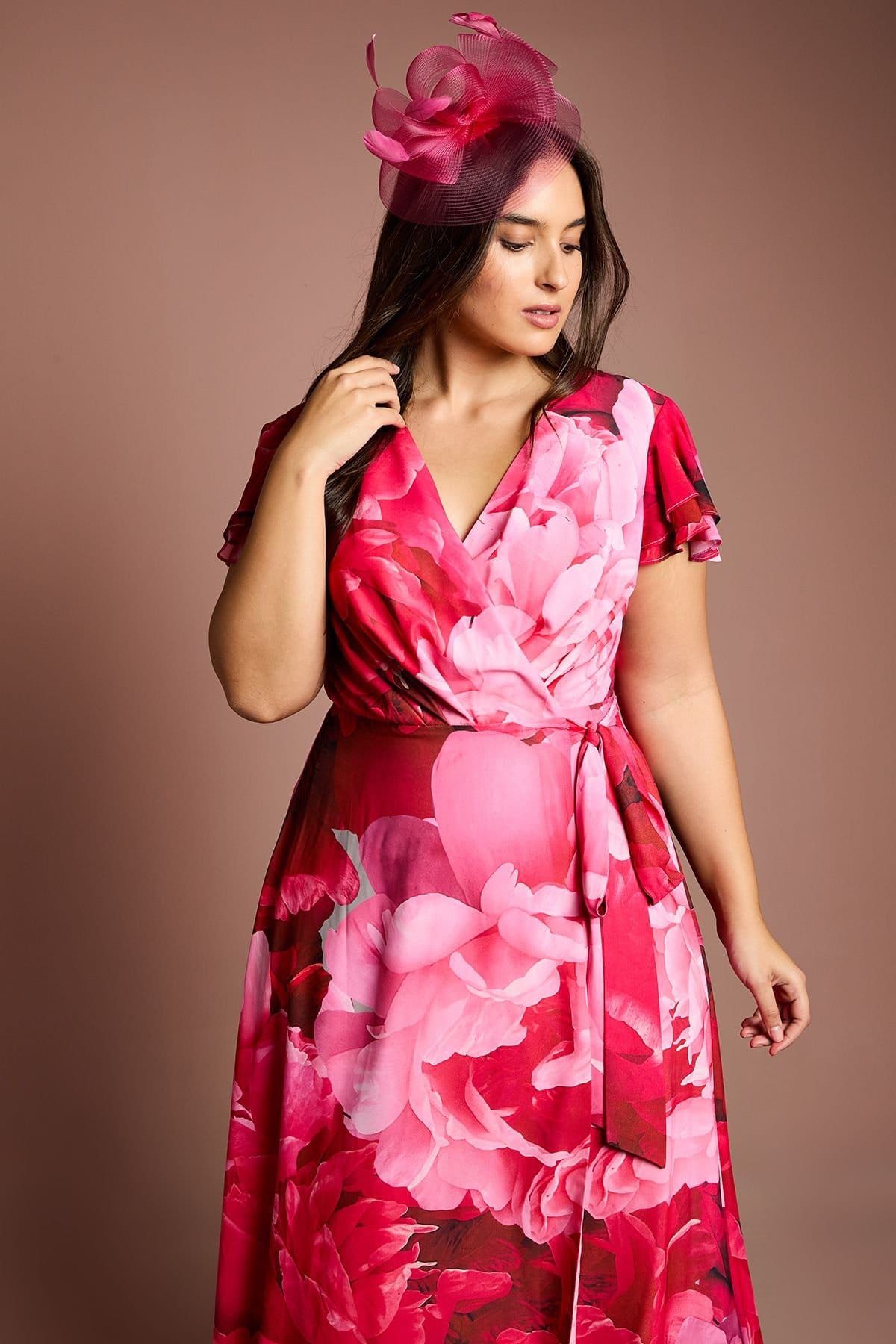 Coast Coast Women's Plus Jersey Double Flutter Sleeve Wrap Midi Dress in Pink - 4