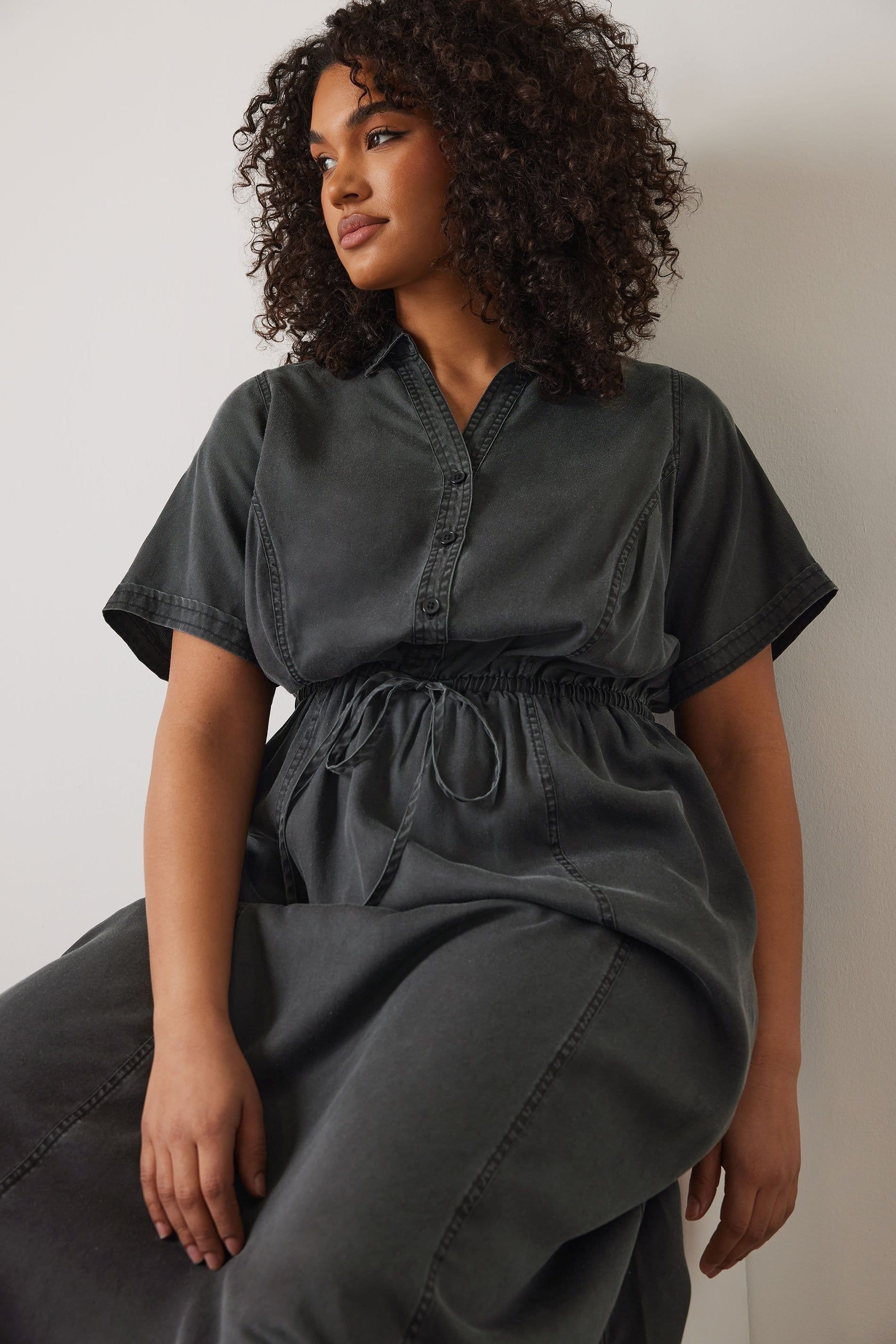 Evans Evans Women's Lyocell Denim Shirt Dress in Black - 4