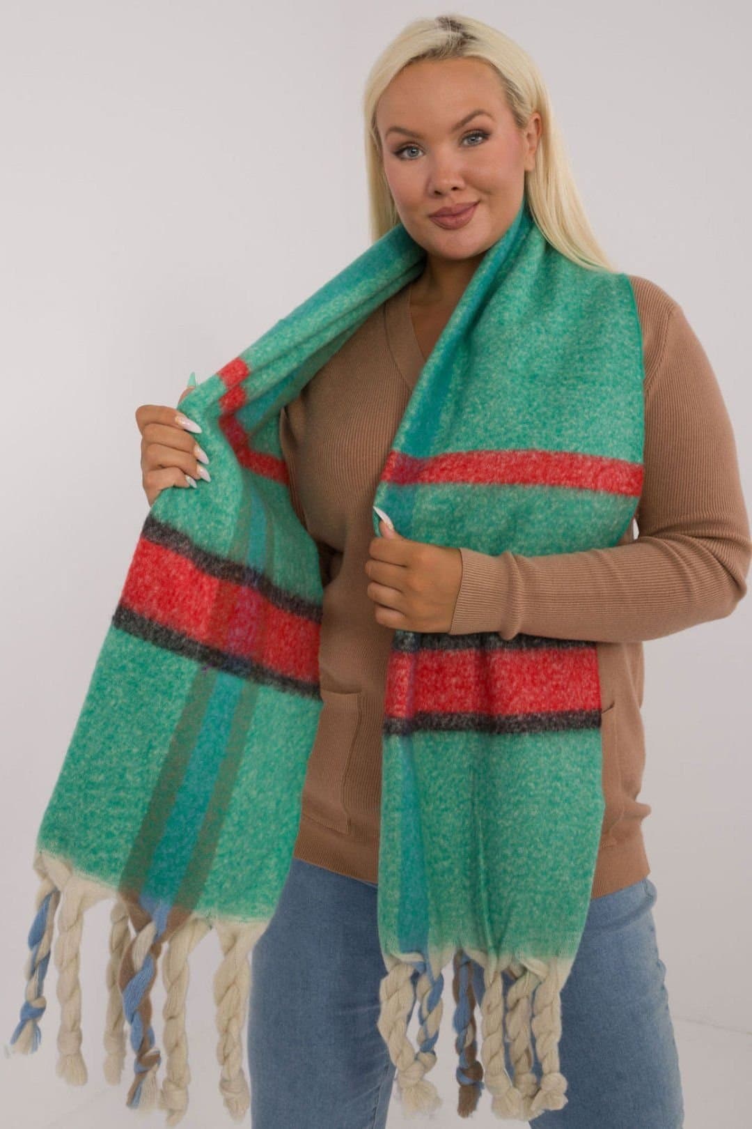 Love Lace Love Lace Women's Elegant Checkered Polyester Scarf with Tassels Warm 180cm in Green