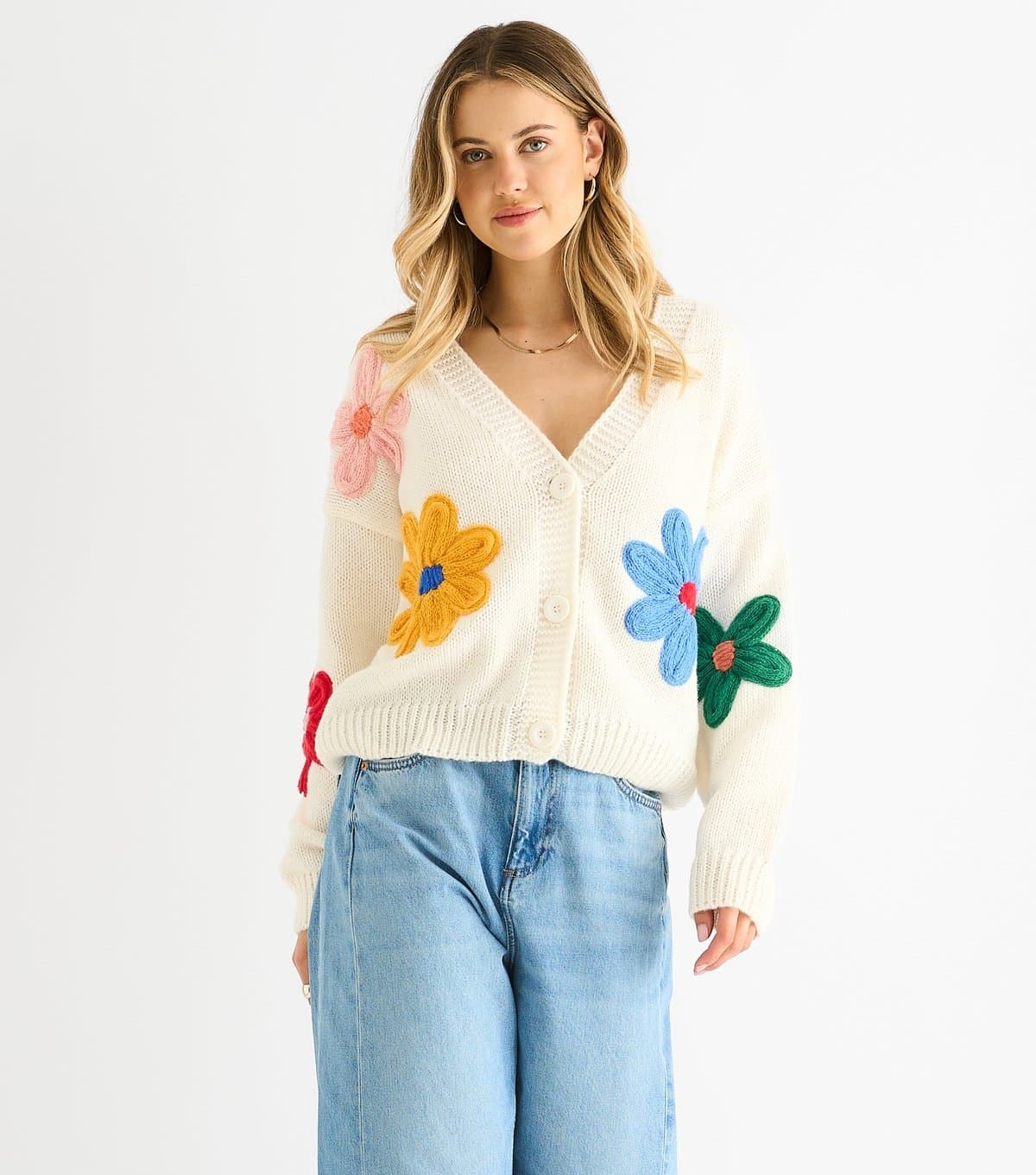 Gini London Women's Cream Floral Applique Cardigan Gini London New Look