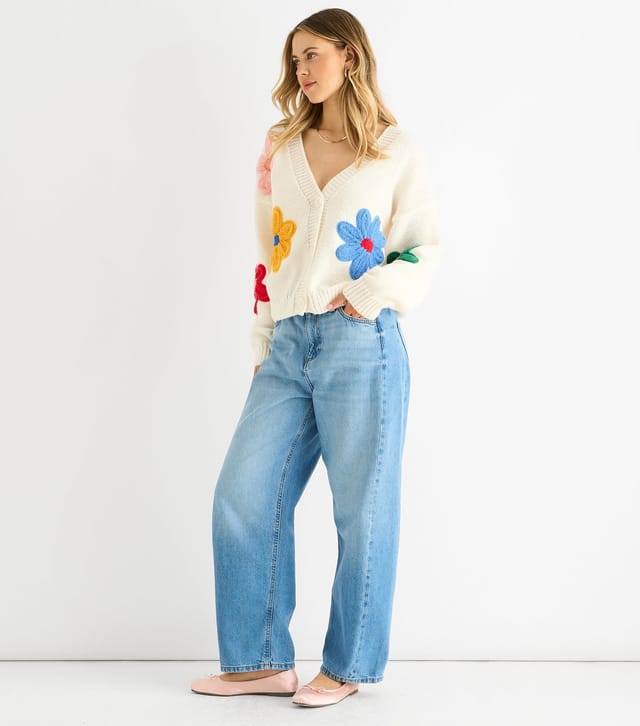 Gini London Women's Cream Floral Applique Cardigan Gini London New Look - 3