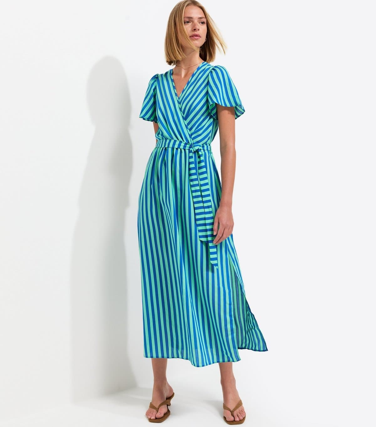 New Look Women's Blue Striped Wrap Midi Dress New Look