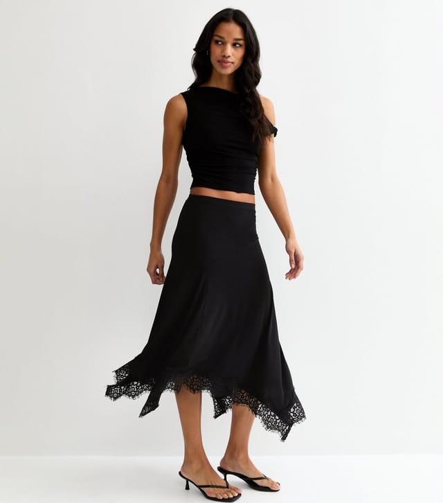 New Look Women's Black Lace Trim Hanky Hem Midi Skirt New Look - 3