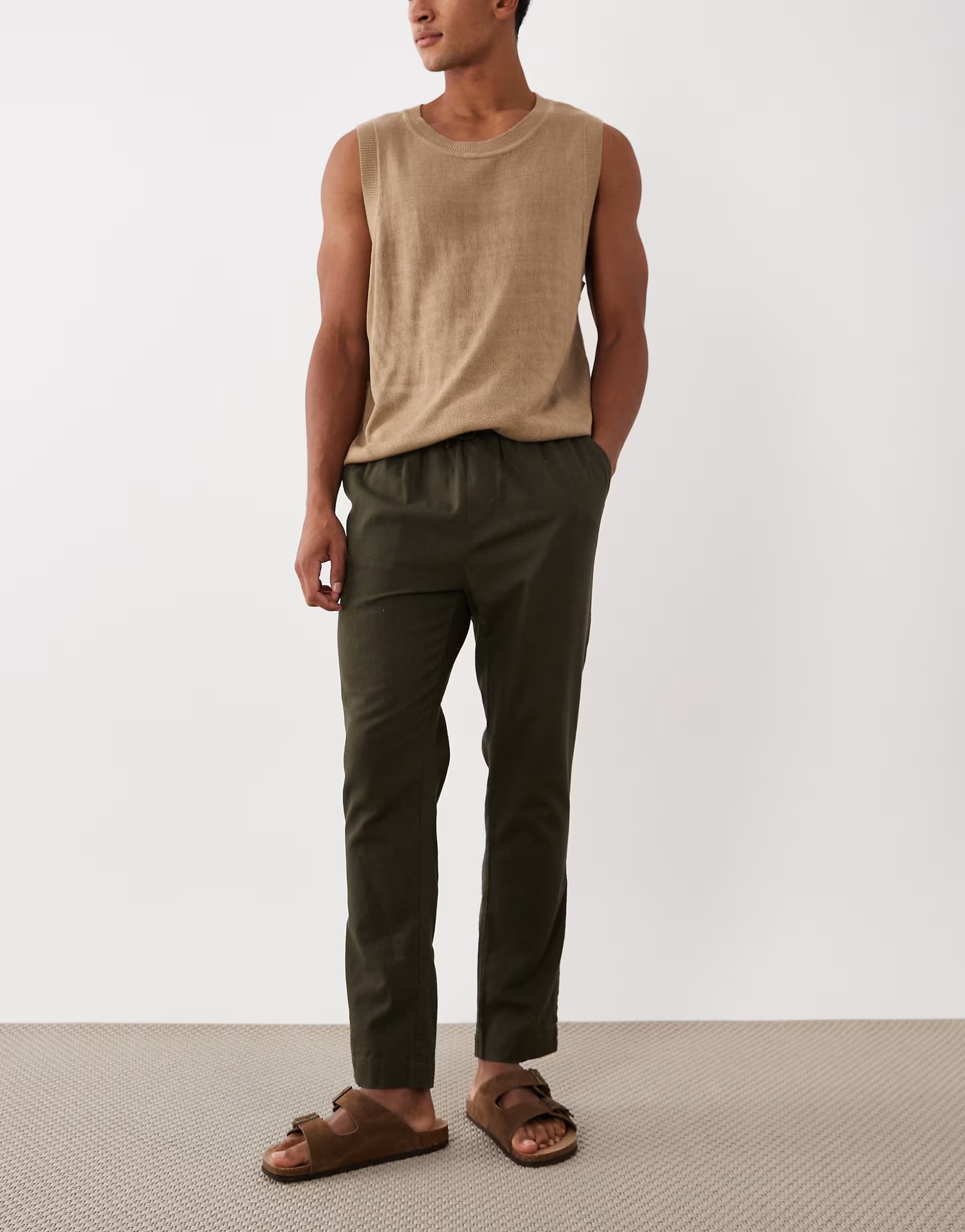 ASOS Brave Soul relaxed fit linen mix trousers in khaki
