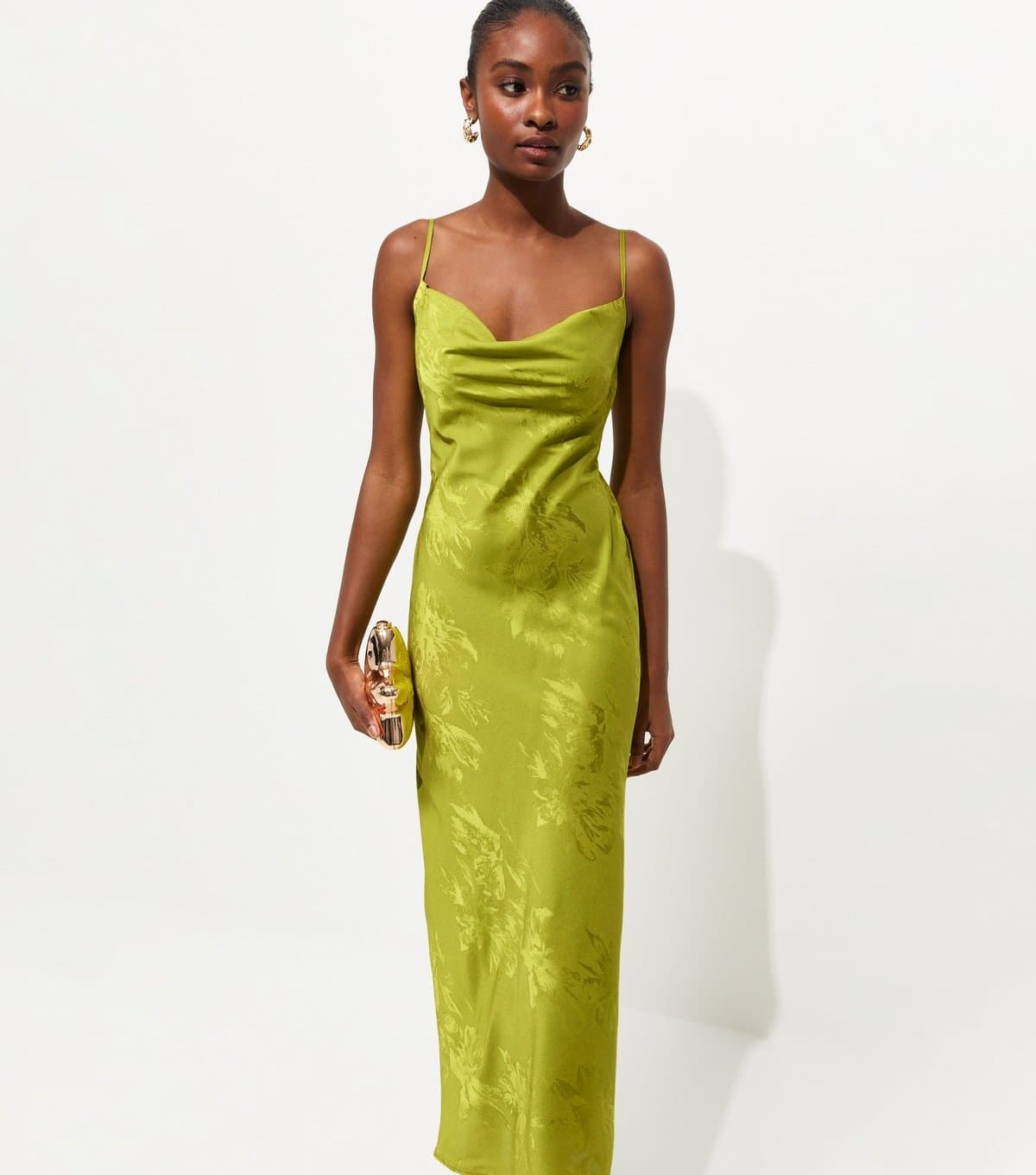 New Look Women's Bright Green Floral Jacquard Cowl Neck Strappy Midi Dress New Look