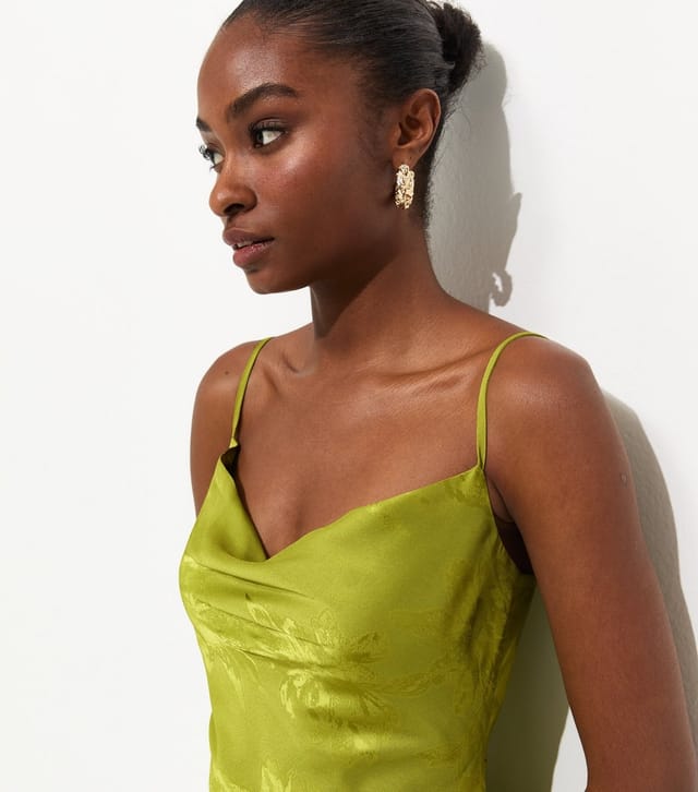 New Look Women's Bright Green Floral Jacquard Cowl Neck Strappy Midi Dress New Look - 2
