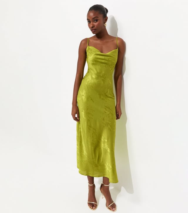 New Look Women's Bright Green Floral Jacquard Cowl Neck Strappy Midi Dress New Look - 3