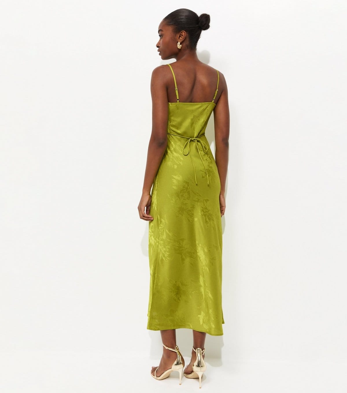 New Look Women's Bright Green Floral Jacquard Cowl Neck Strappy Midi Dress New Look - 4