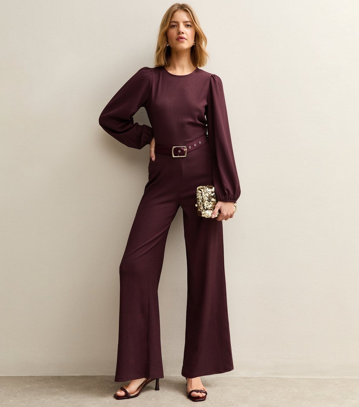 Women's Dark Burgundy Belted Wide Leg Jumpsuit New Look