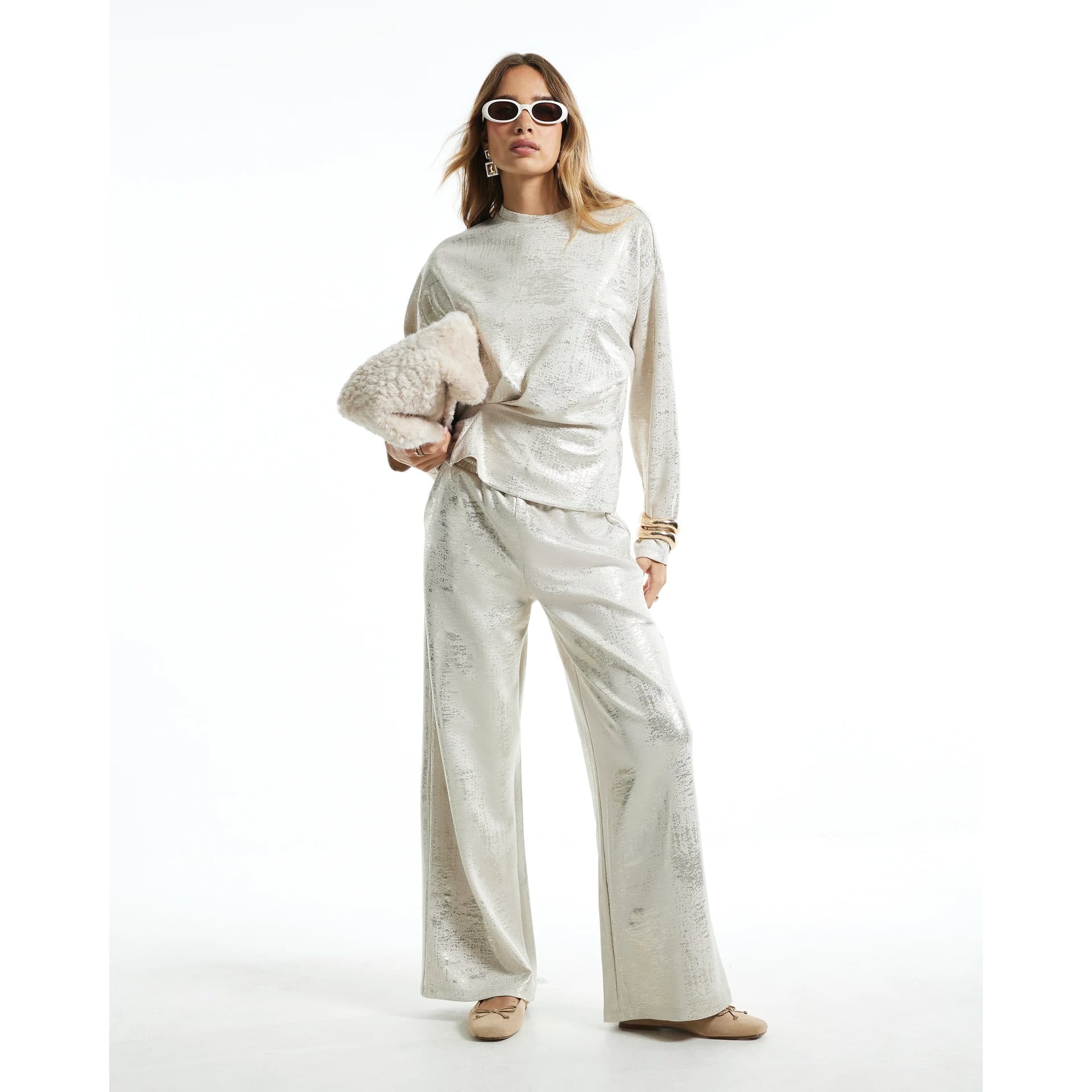 River Island River Island Womens Cream Metallic High Waisted Wide Leg Joggers