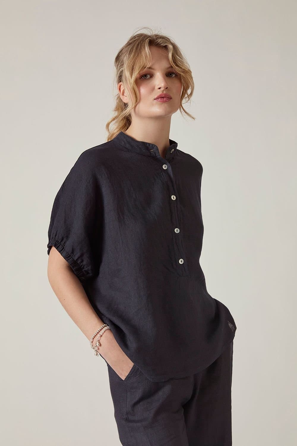 James Lakeland James Lakeland Women's Relaxed Navy Linen Blouse