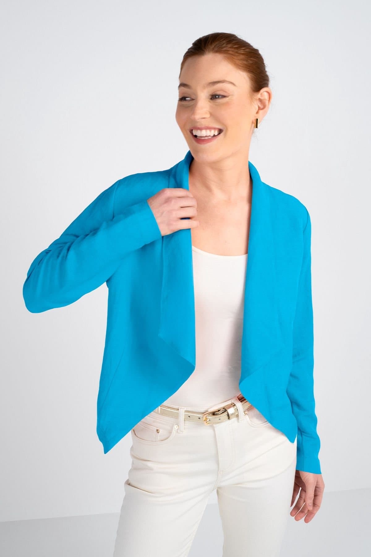 Kettlewell Kettlewell Women's Waterfall Cropped Linen Blend Coat in Bright Blue
