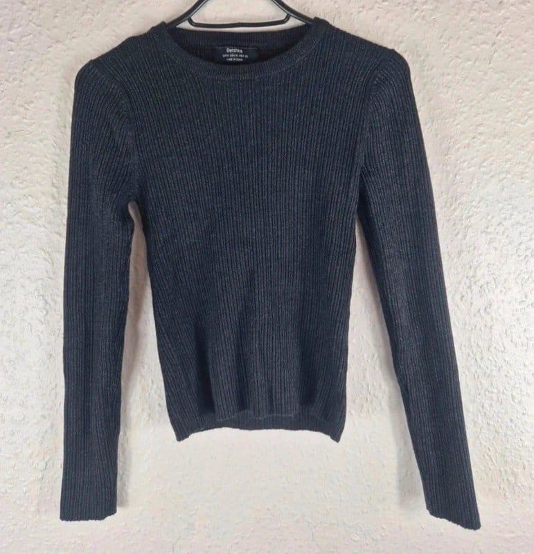 Bershka Ribbed Fitted Sweater Dark Grey