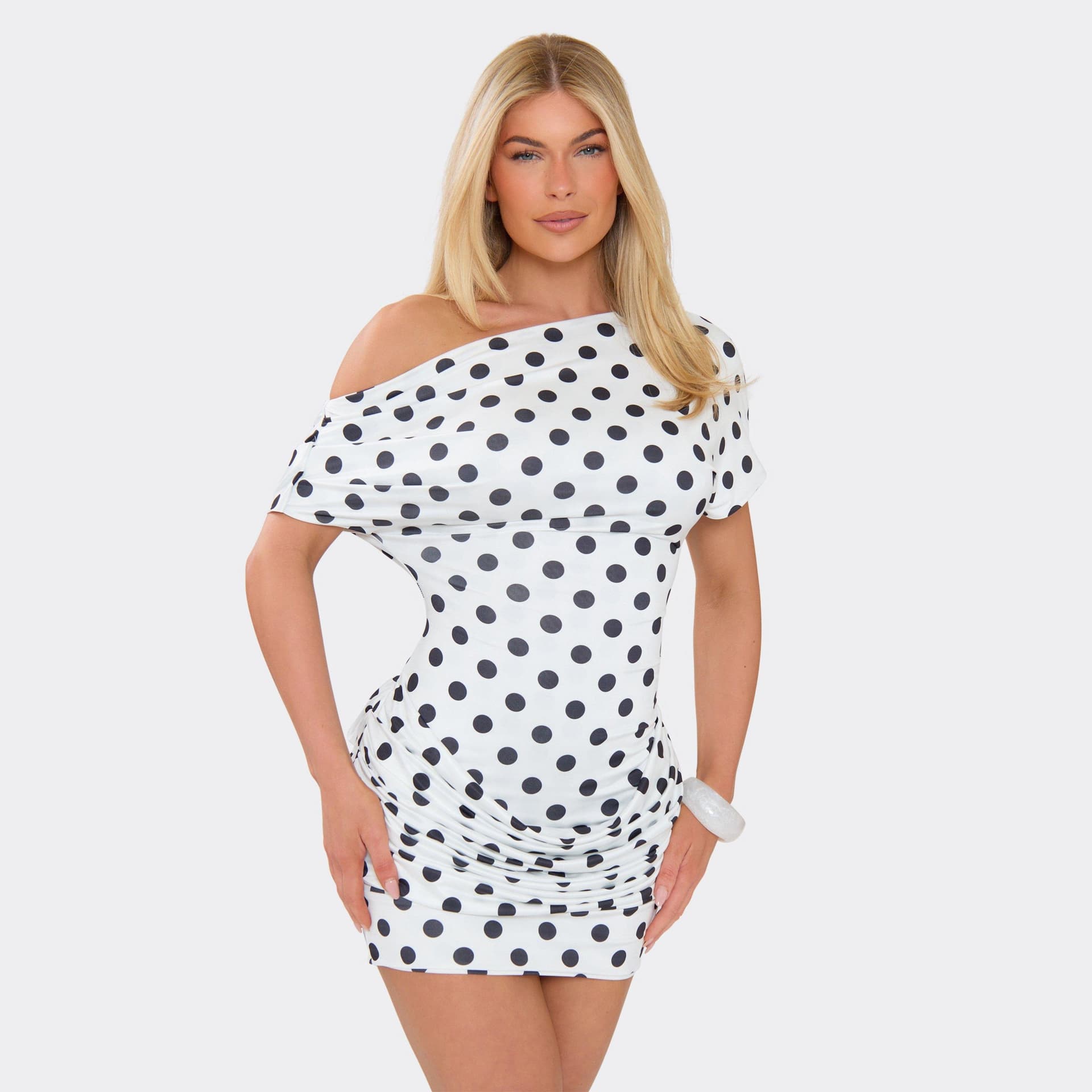 EGO Off The Shoulder Cowl Back Draped Detail Mini Dress In White Polka Dot, Women's Size UK 6