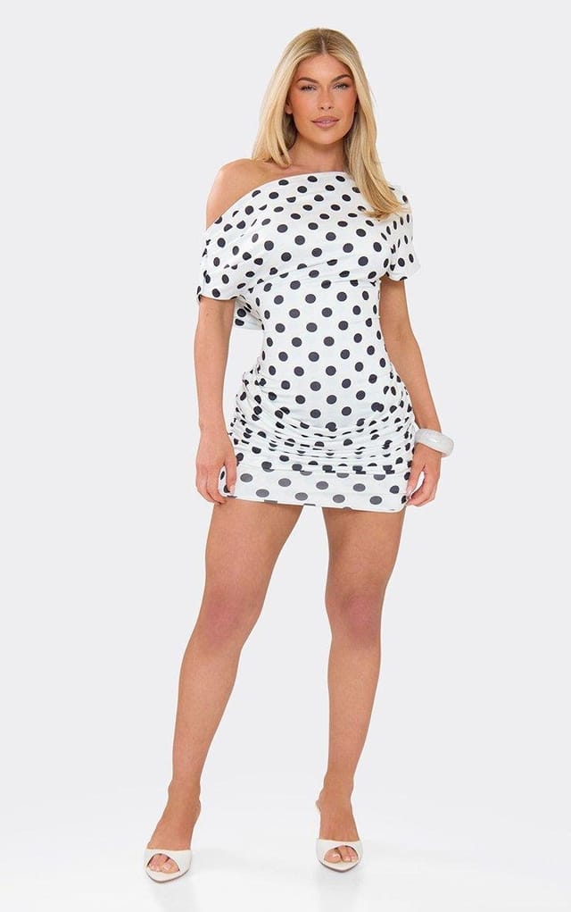 EGO Off The Shoulder Cowl Back Draped Detail Mini Dress In White Polka Dot, Women's Size UK 6 - 2
