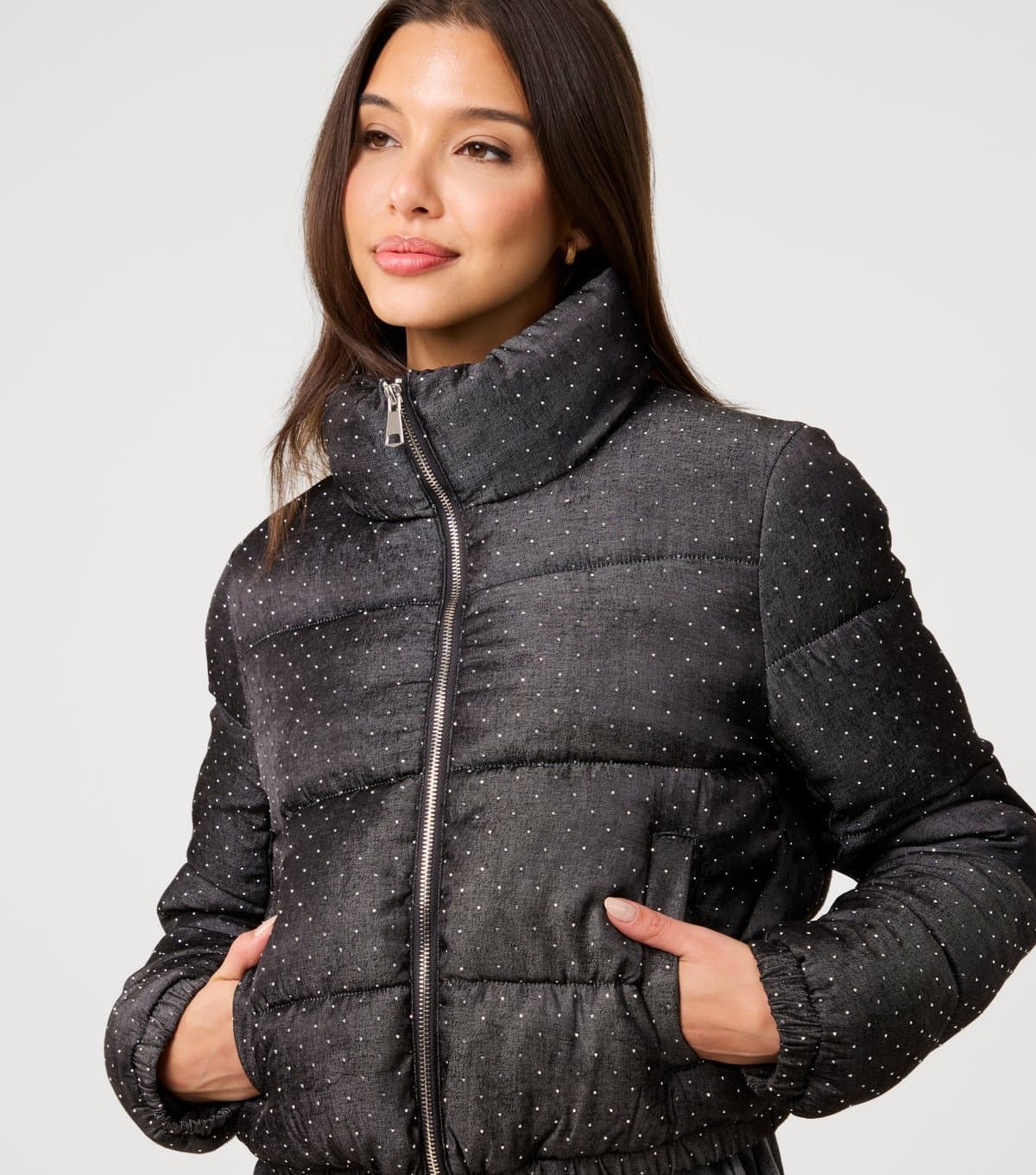 Pink Vanilla Women's Black Diamante Embellished Puffer Jacket Pink Vanilla New Look