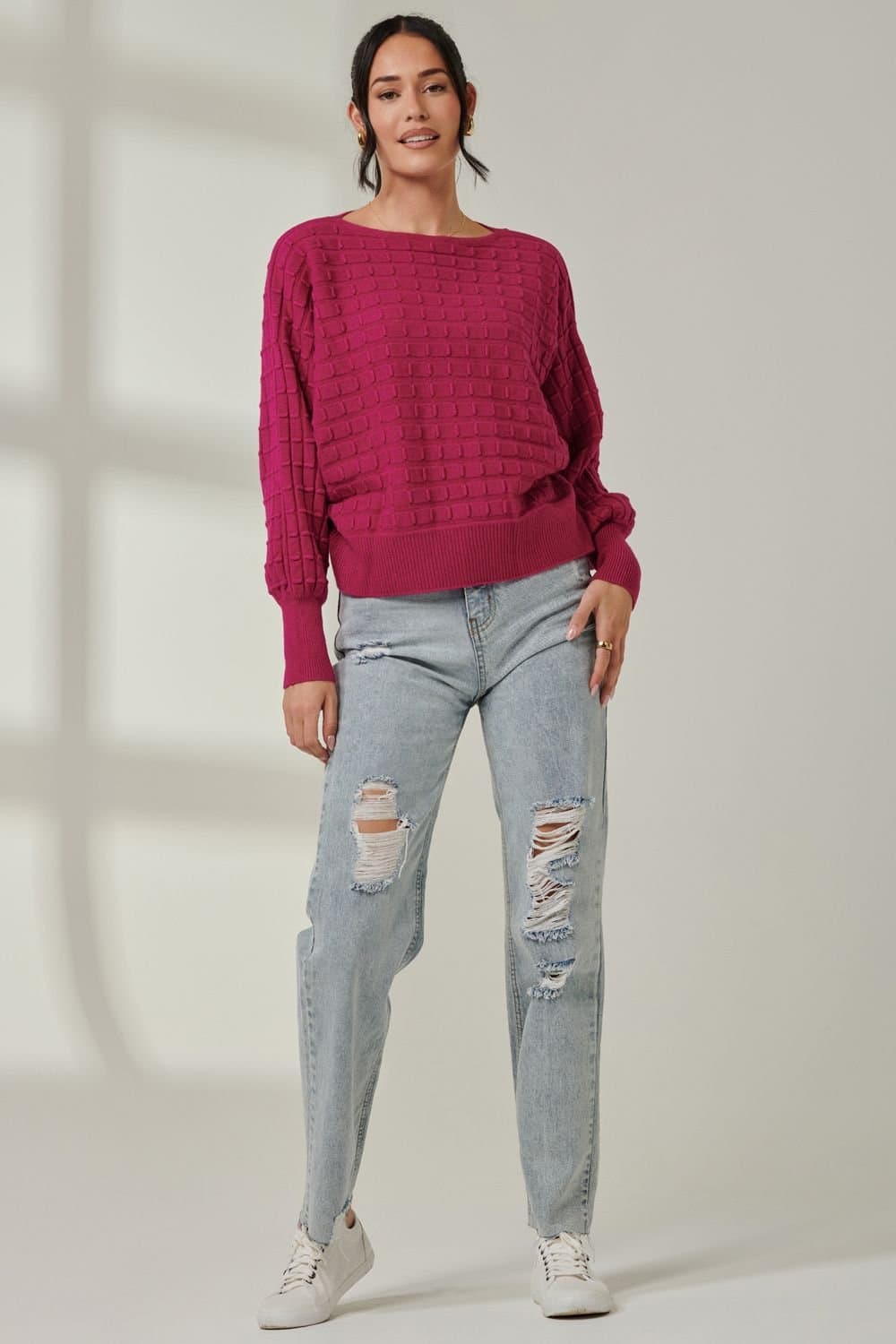 Jolie Moi Jolie Moi Women's Bubble Stitch Batwing Knit Jumper in Raspberry