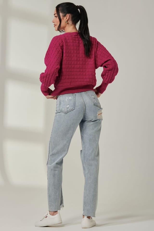 Jolie Moi Jolie Moi Women's Bubble Stitch Batwing Knit Jumper in Raspberry - 2