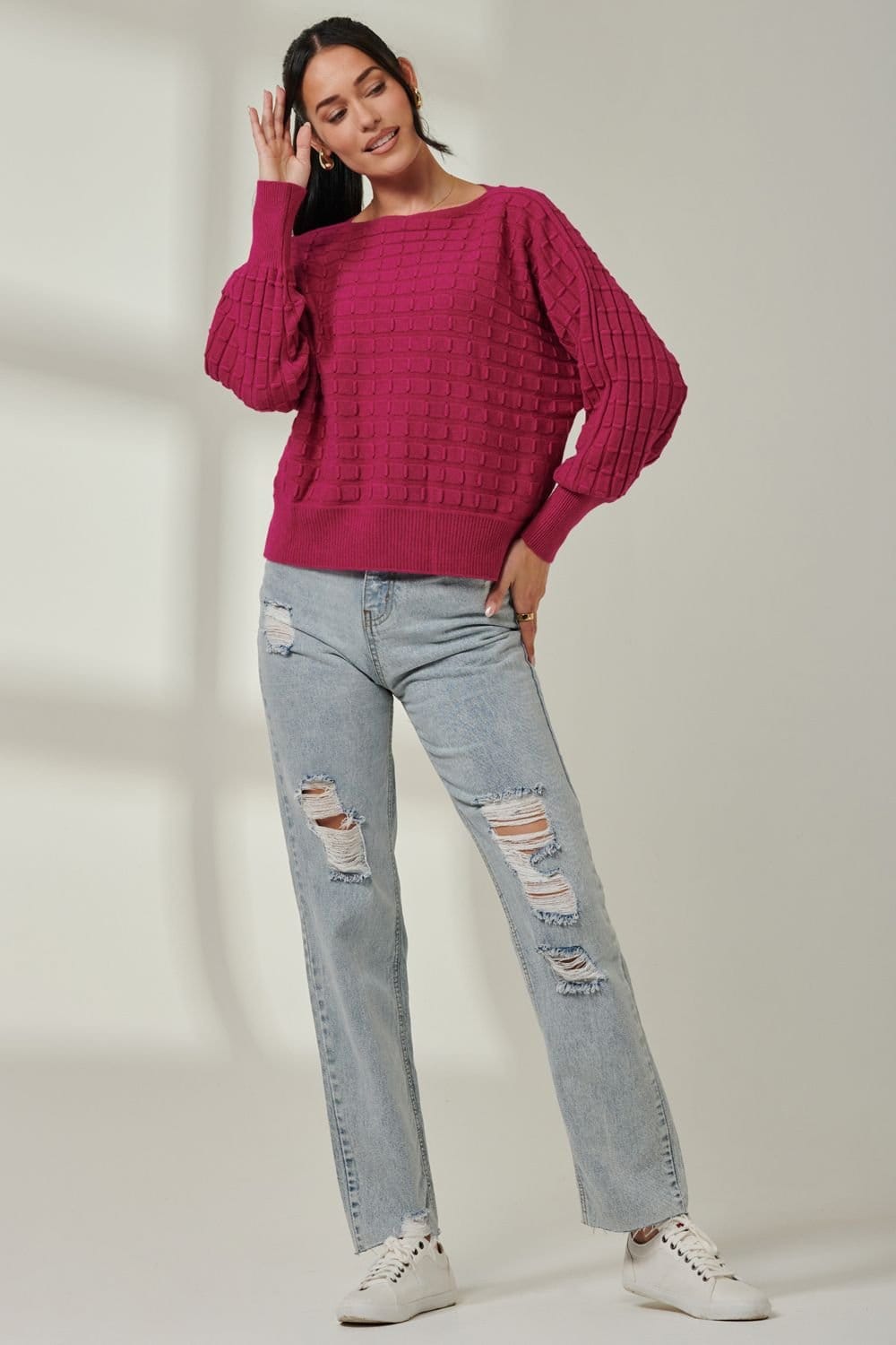 Jolie Moi Jolie Moi Women's Bubble Stitch Batwing Knit Jumper in Raspberry - 4