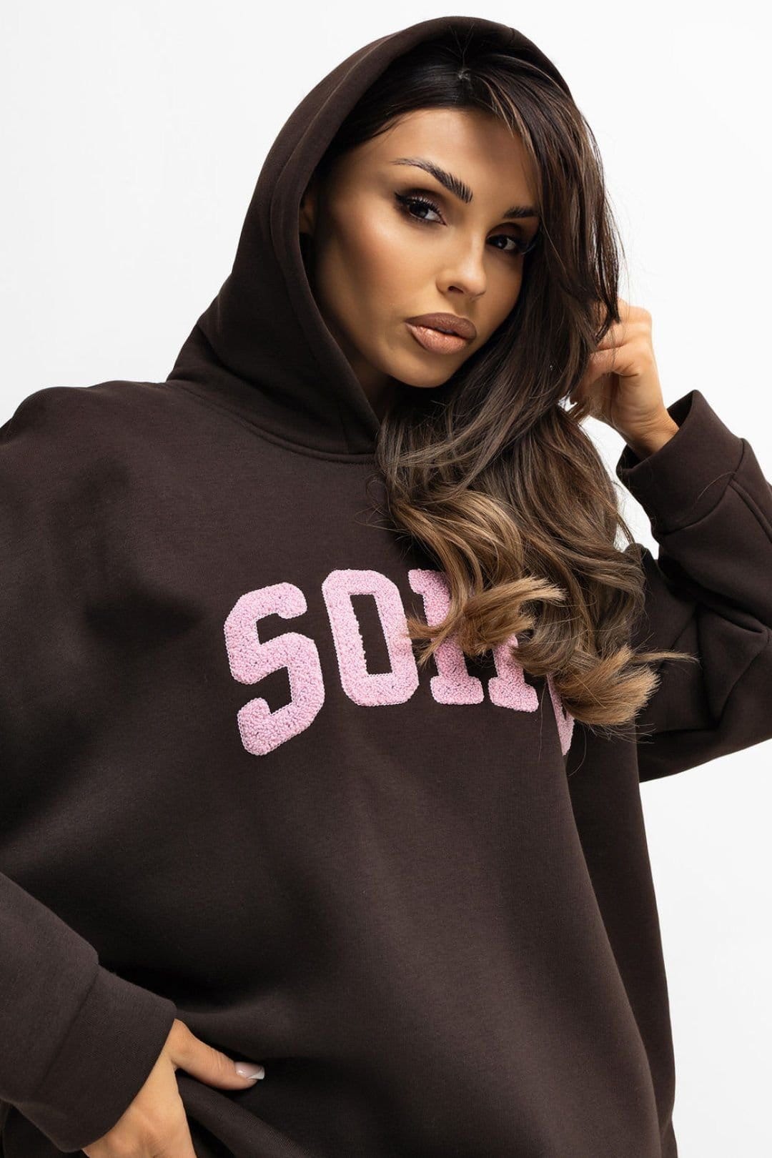 Love Lace Love Lace Women's Cotton Elastane Hooded Casual Sweatshirt in Brown - 4