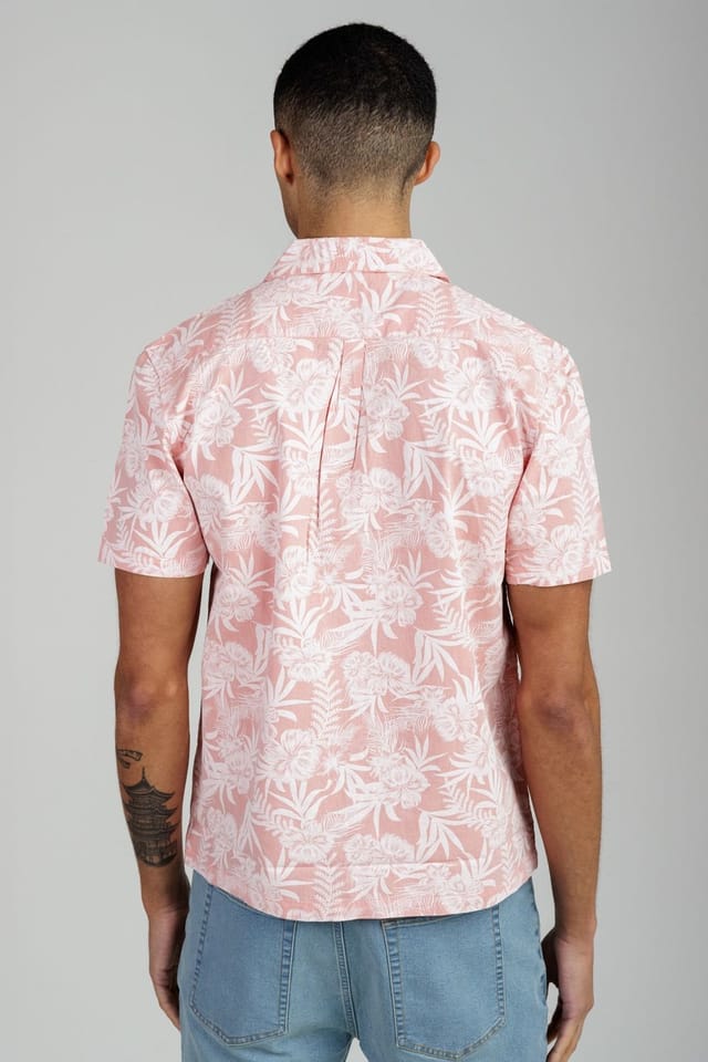 Tokyo Laundry Tokyo Laundry Men's Cotton Short Sleeve Button-Up Tropical Print Shirt in Coral - 2