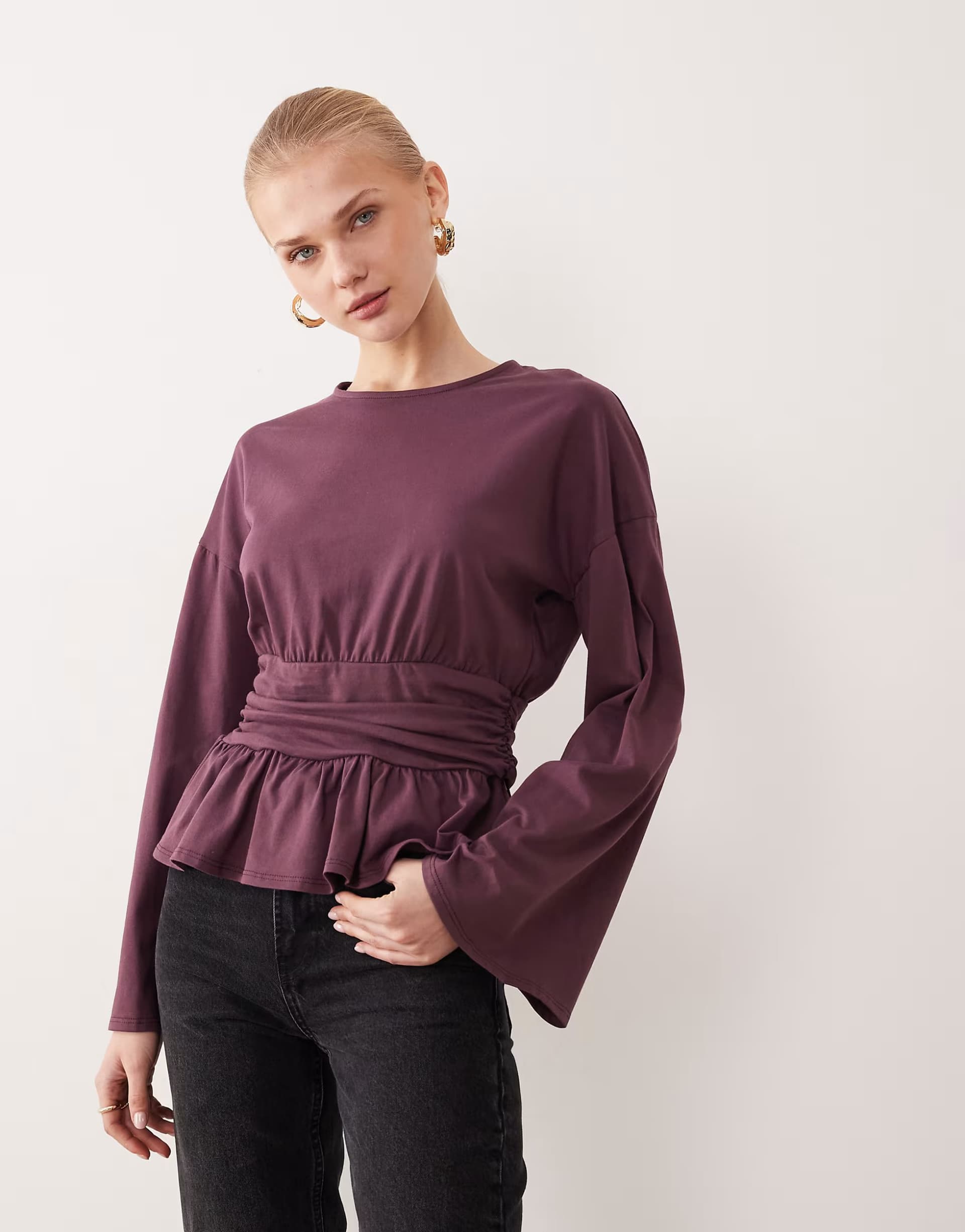 ASOS ASOS cinched waist peplum hem long sleeve in plum