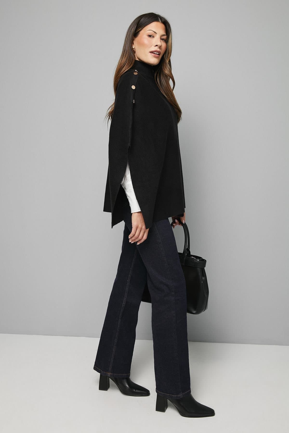 Wallis Wallis Women's Button Detail High Neck Knitted Poncho Jumper in Black