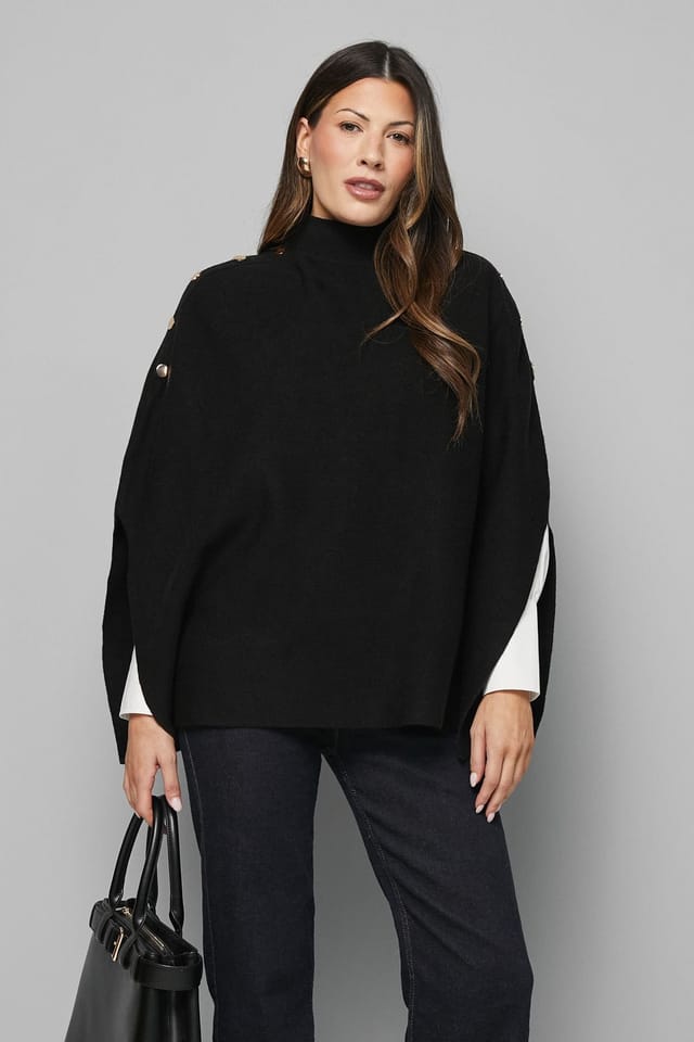 Wallis Wallis Women's Button Detail High Neck Knitted Poncho Jumper in Black - 2