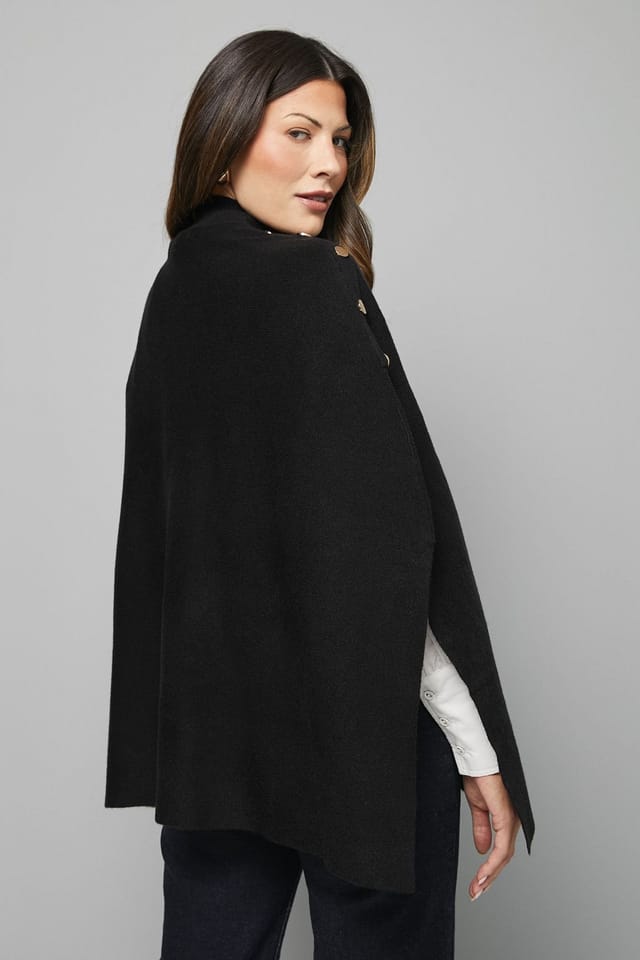 Wallis Wallis Women's Button Detail High Neck Knitted Poncho Jumper in Black - 3