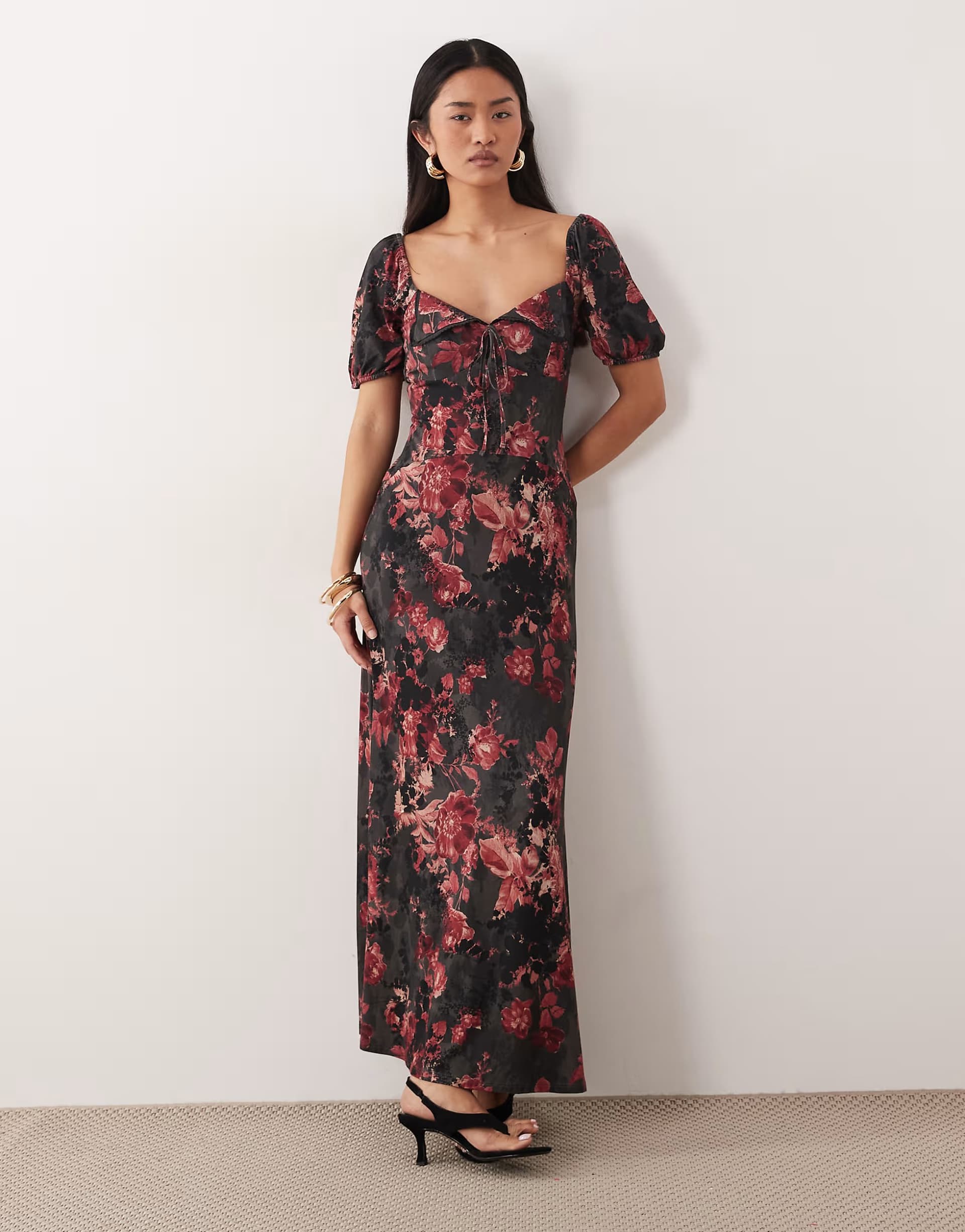 ASOS ASOS DESIGN scalloped collar puff sleeve seam detail midi tea dress in dark floral print