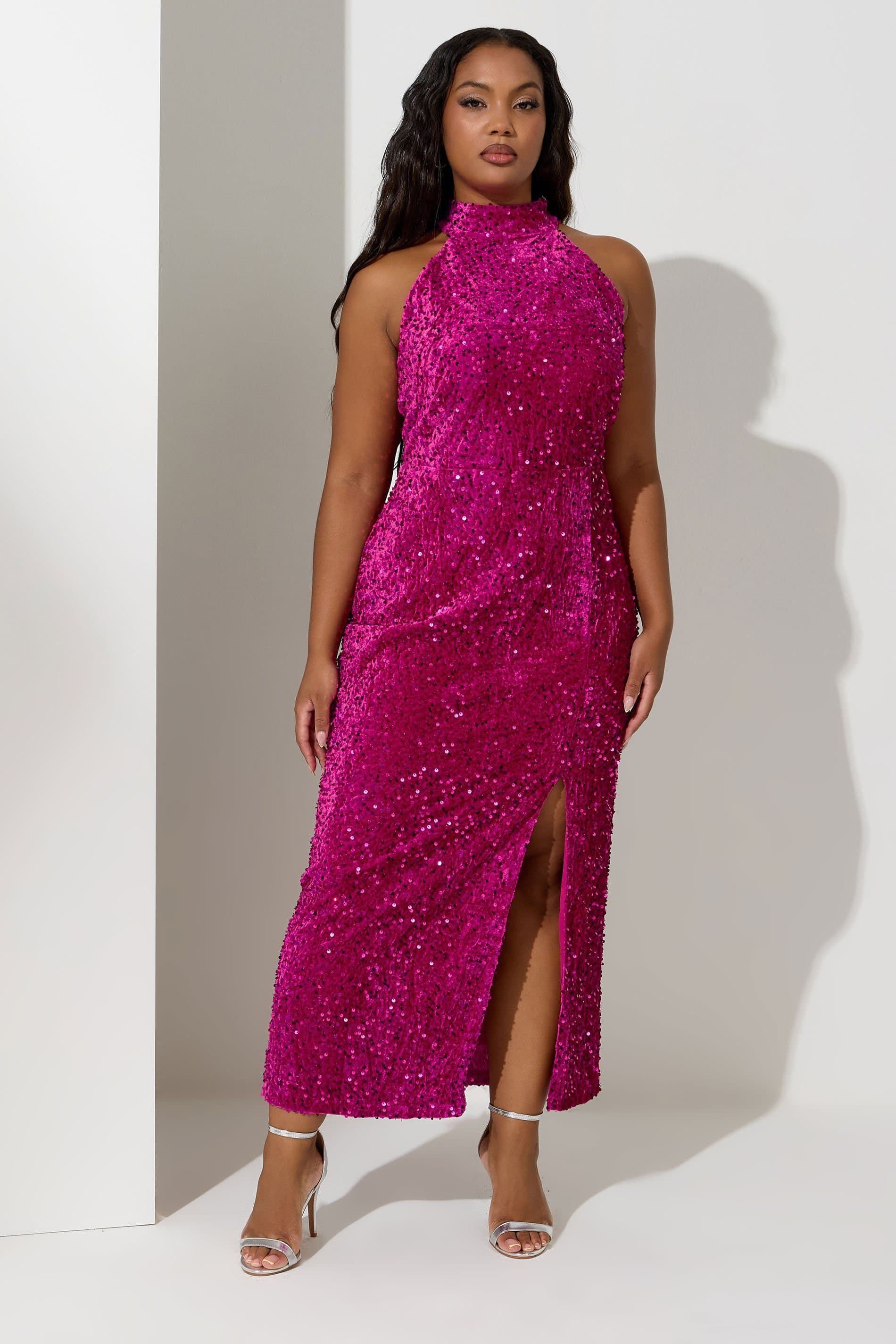 Yours Yours Women's Velvet Sequin Halterneck Maxi Dress in Pink