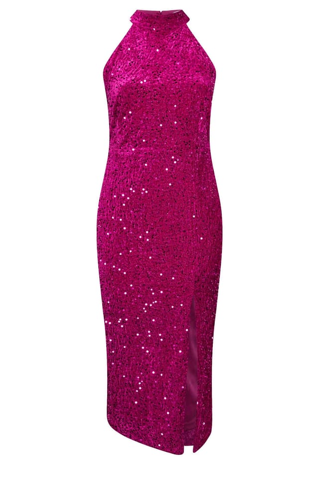 Yours Yours Women's Velvet Sequin Halterneck Maxi Dress in Pink - 2