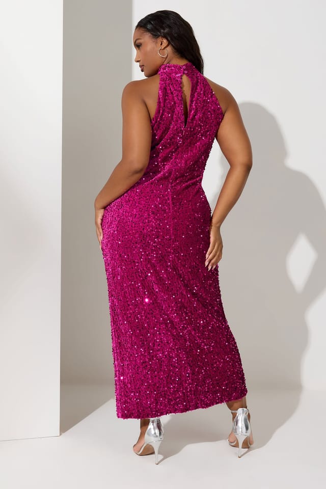 Yours Yours Women's Velvet Sequin Halterneck Maxi Dress in Pink - 3