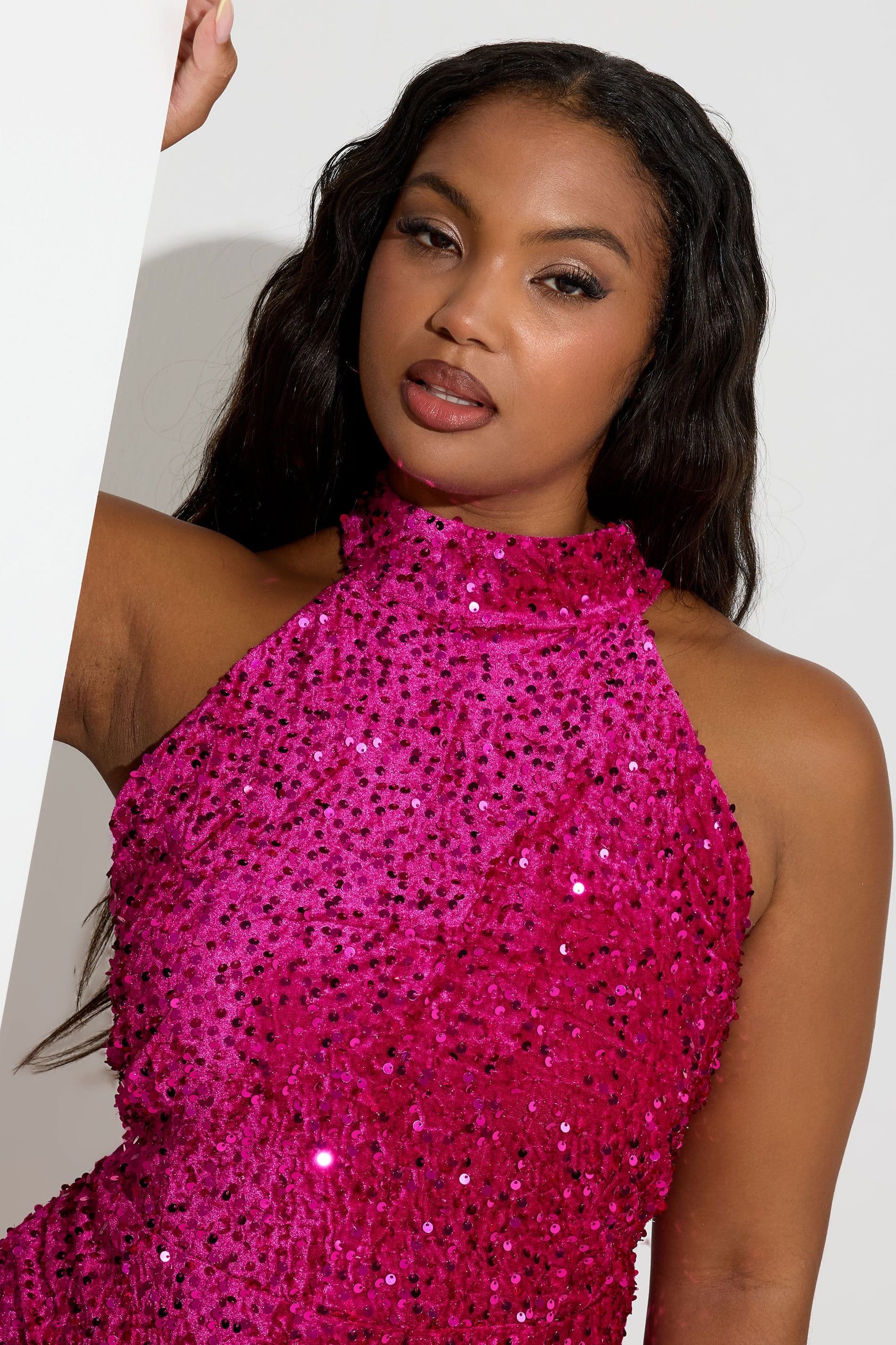 Yours Yours Women's Velvet Sequin Halterneck Maxi Dress in Pink - 4