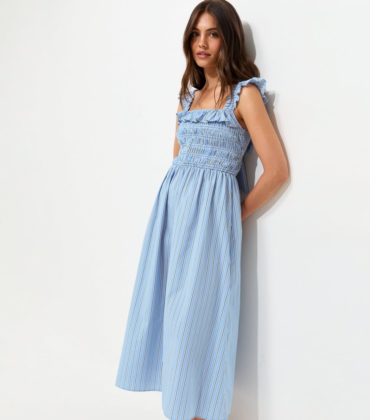New Look Women's Blue Cotton Stripe Print Tie Back Shirred Midi Dress New Look