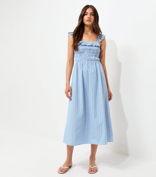 New Look Women's Blue Cotton Stripe Print Tie Back Shirred Midi Dress New Look - 3