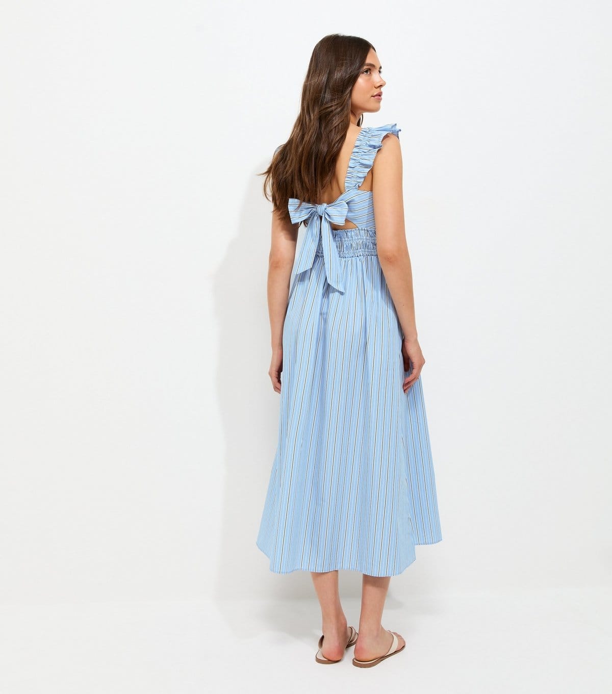 New Look Women's Blue Cotton Stripe Print Tie Back Shirred Midi Dress New Look - 4
