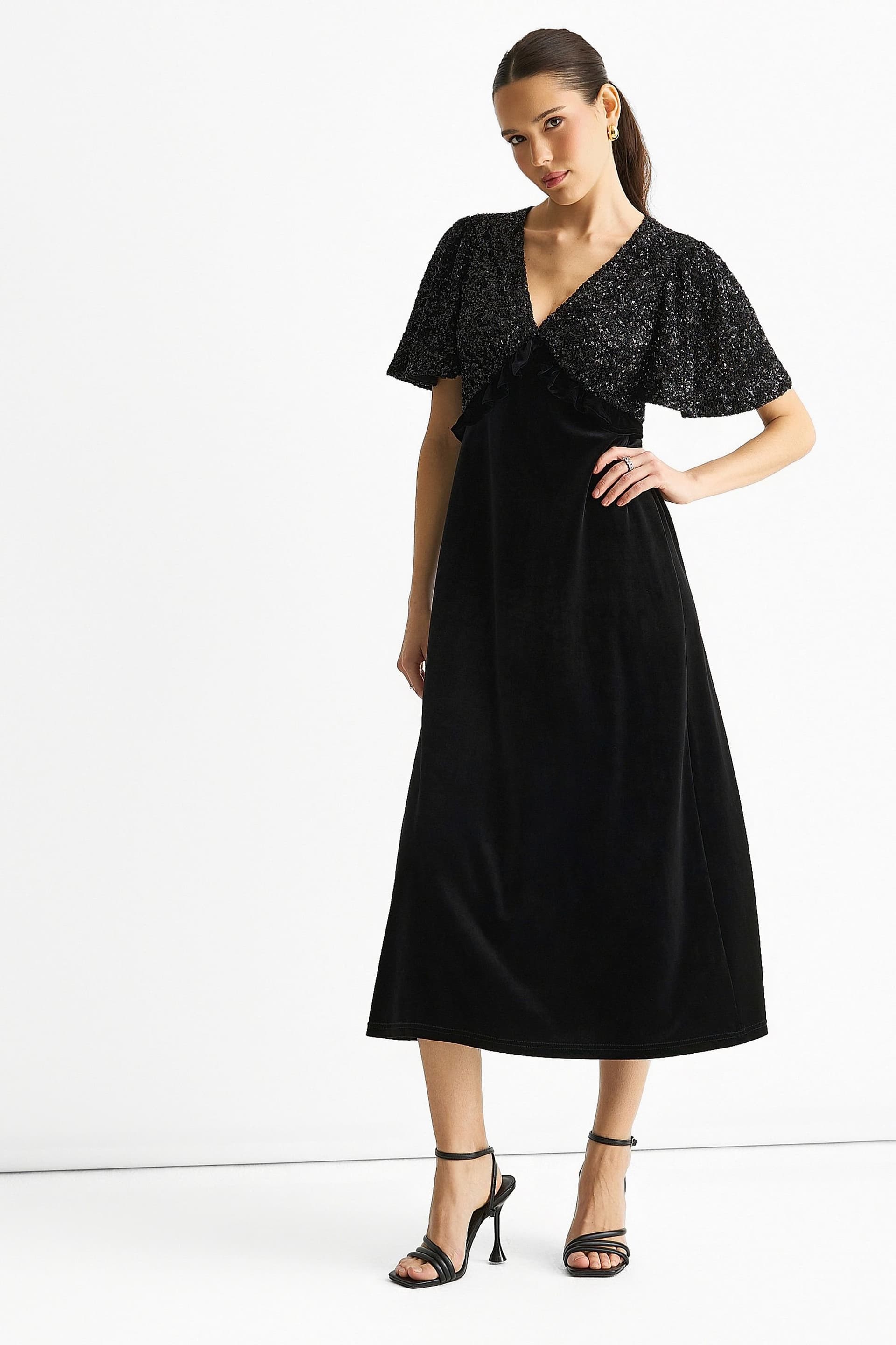 Gini London Gini London Women's Black Sequin Top Premium Velvet Occasion Midi Dress