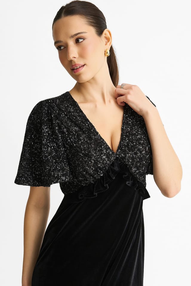 Gini London Gini London Women's Black Sequin Top Premium Velvet Occasion Midi Dress - 2