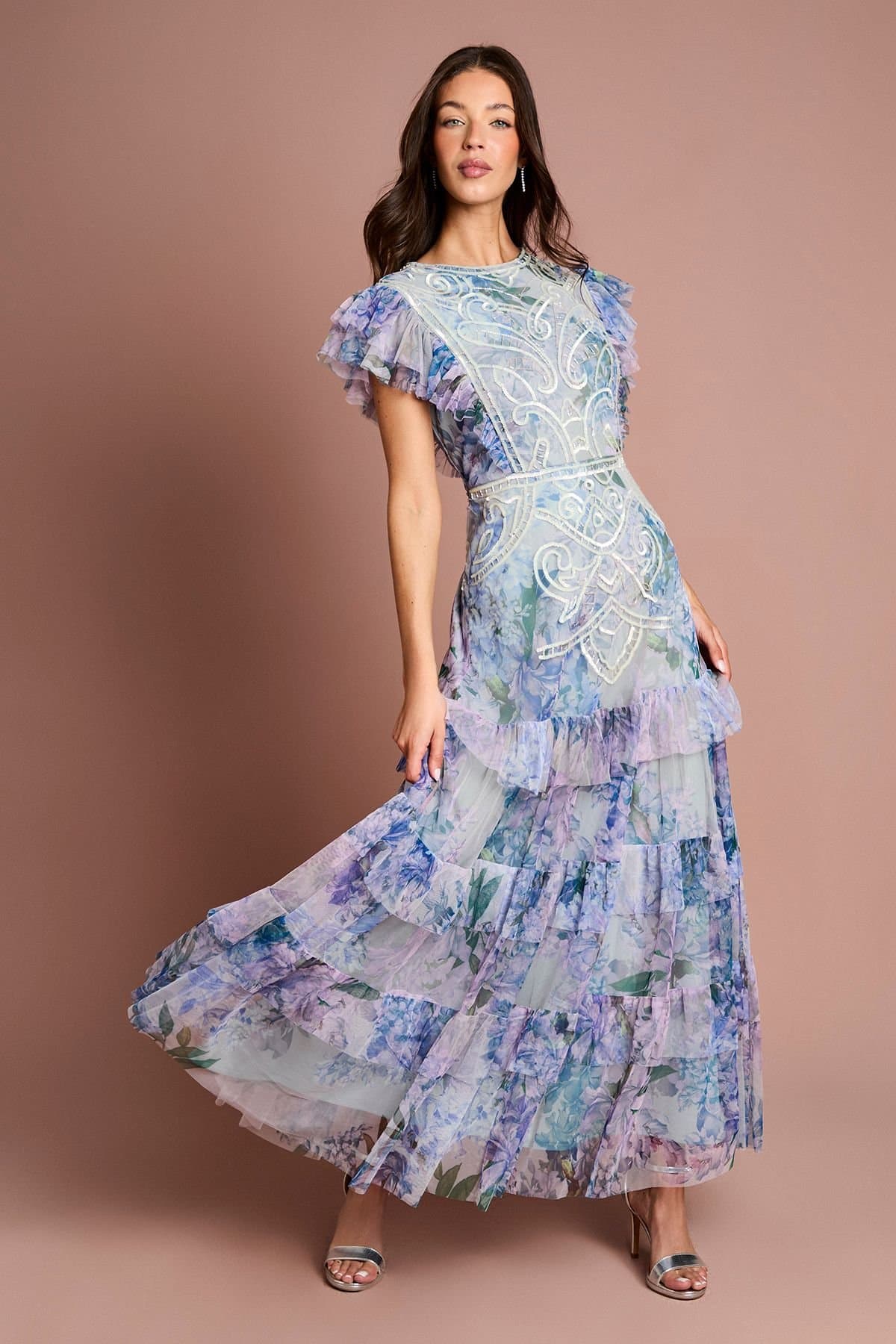 Coast Coast Women's Printed Mesh Sequin Maxi Dress in Blue