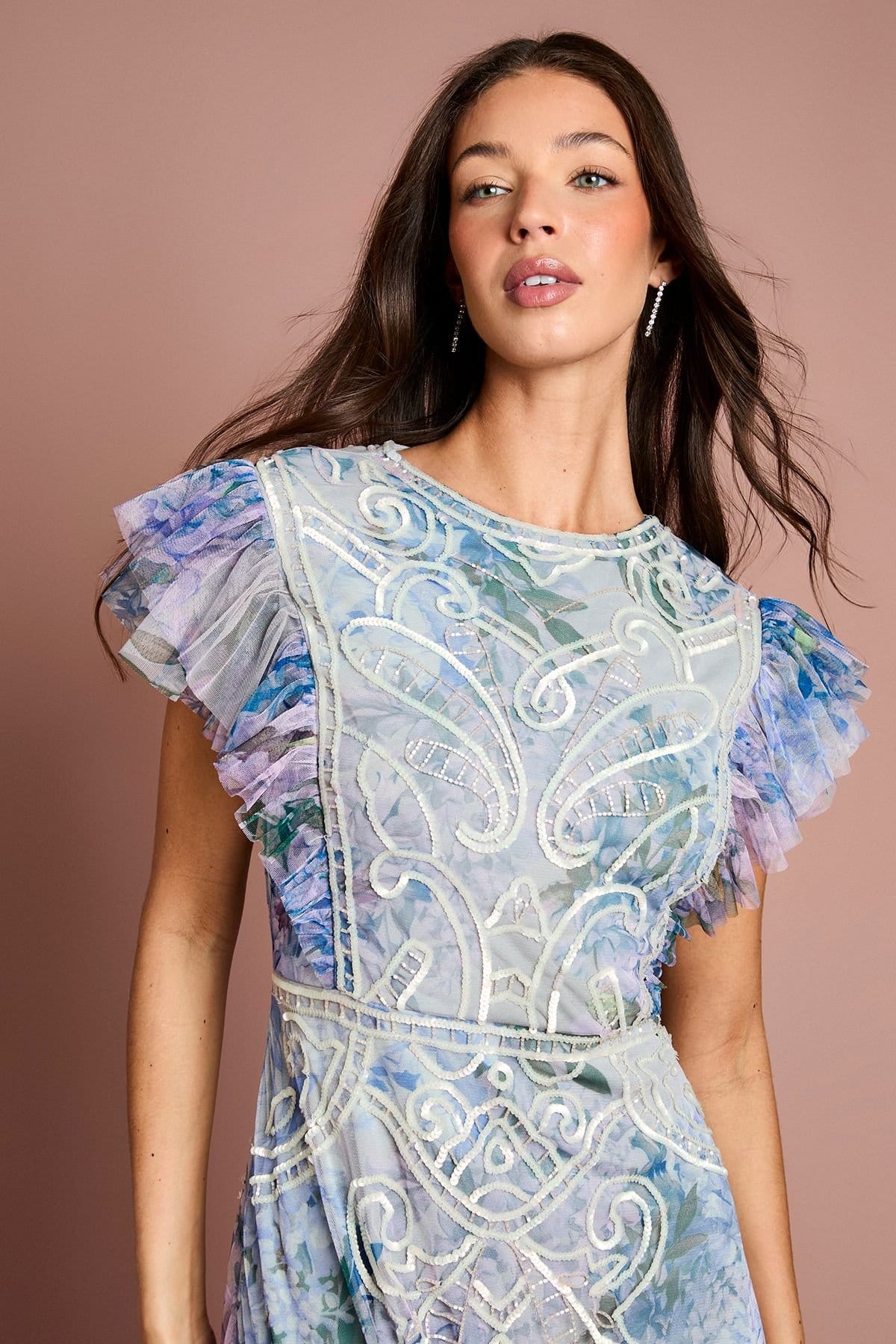 Coast Coast Women's Printed Mesh Sequin Maxi Dress in Blue - 4