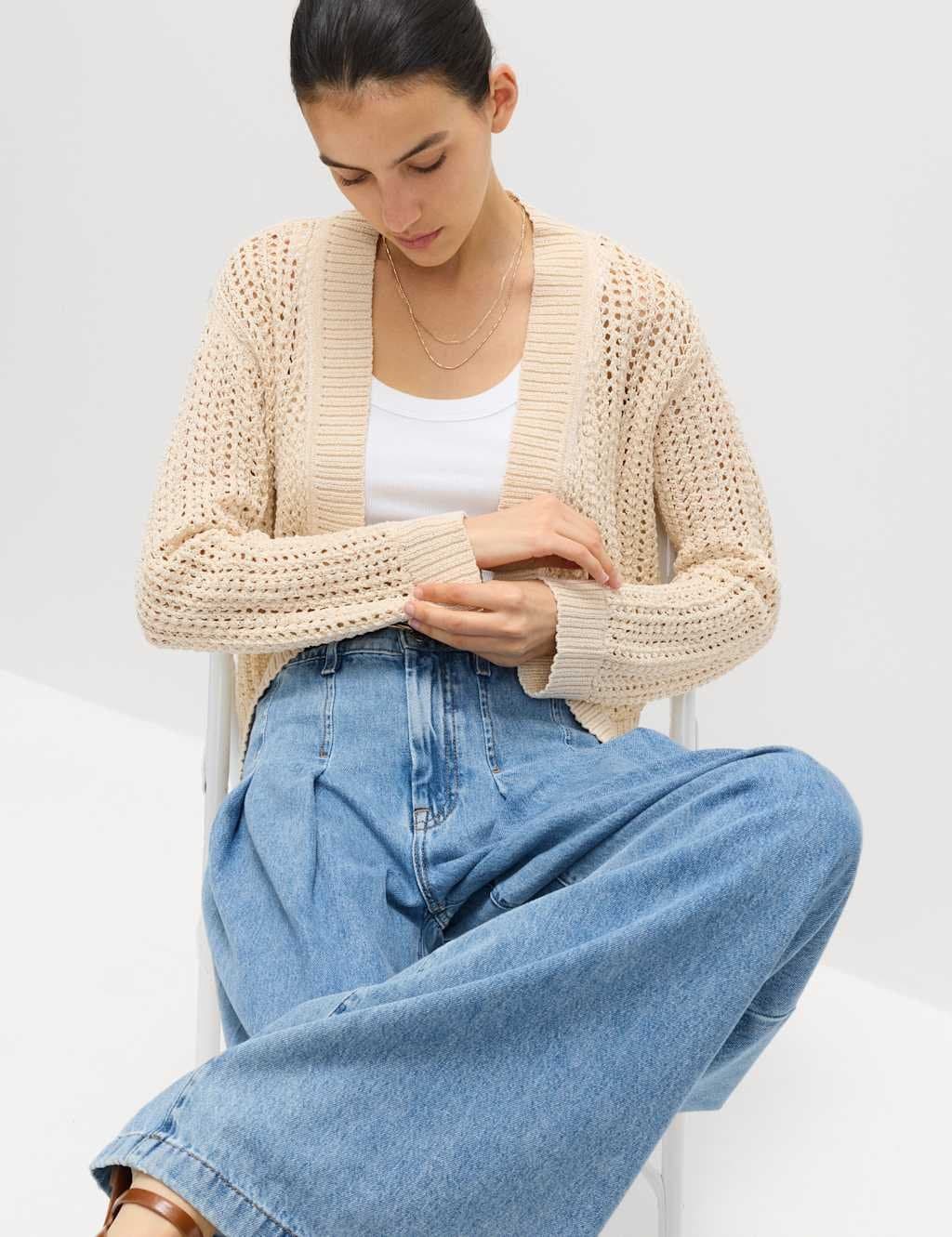Marks & Spencer M&S Cotton Blend Open Stitch Relaxed Cropped Cardigan Natural