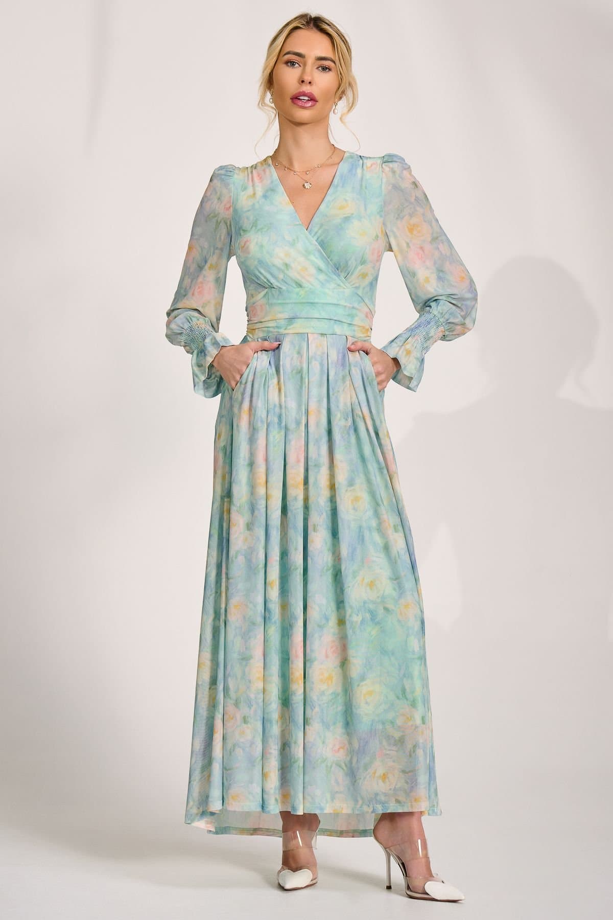 Jolie Moi Jolie Moi Women's Long Sleeve V Neck Mesh Maxi Dress in Light Green