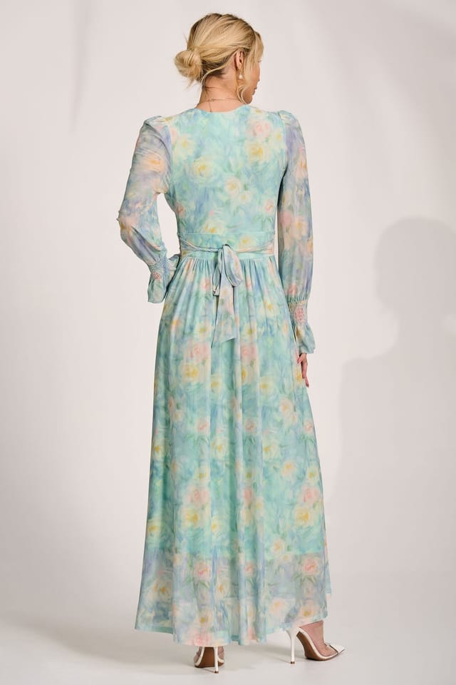 Jolie Moi Jolie Moi Women's Long Sleeve V Neck Mesh Maxi Dress in Light Green - 2