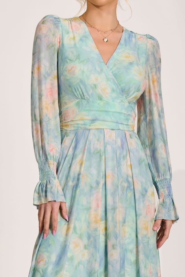 Jolie Moi Jolie Moi Women's Long Sleeve V Neck Mesh Maxi Dress in Light Green - 3